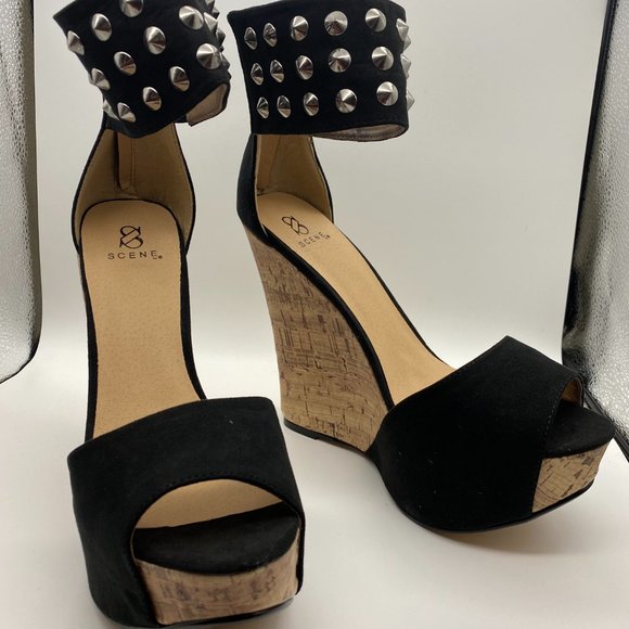 Pinar Silver Studded Cork Wedge - Black - Picture 4 of 6